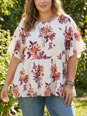 Terra Sky 1X Top Floral Baby Doll Gauze Cottage Romantic Whimsy Boho Chic Airy